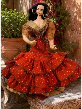 Vintage Spanish Flamenco Dancer Senorita Art Doll Posable Figurine Red Dress